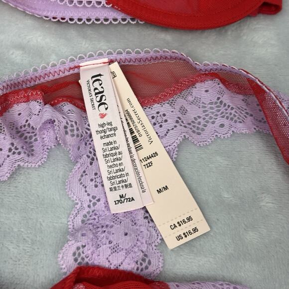 Victoria's Secret 34C Tease Unlined Bra Thong Panty Set Purple Mesh Red Lace - Picture 9 of 16